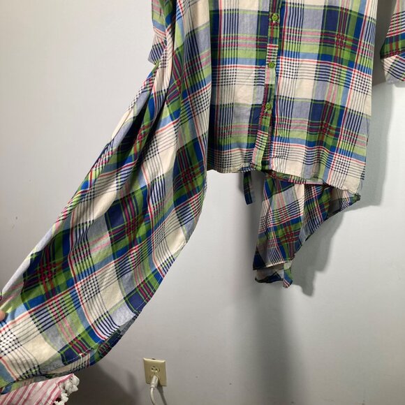 Womens Umgee Plaid Lagenlook Tunic Top Green Blue S Long Sleeve Tie Waist Asymme - Picture 7 of 9